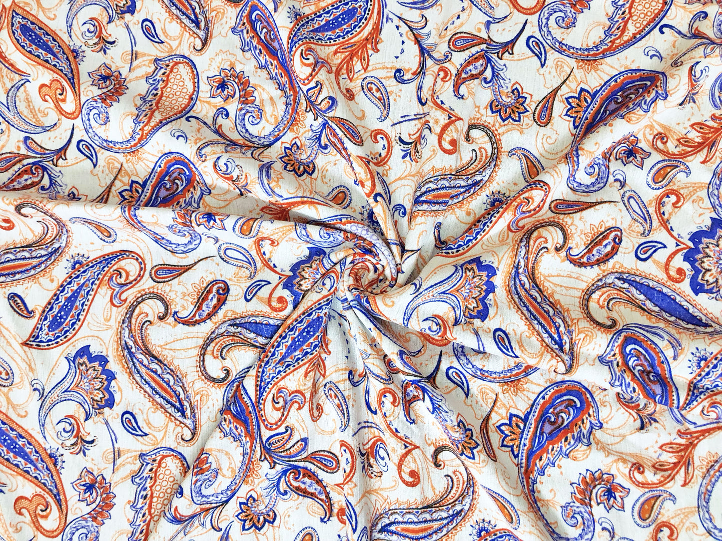 Rayon Gauze Fabric — Royal Blue & Rust Paisley Scrollwork on Ivory — 100% Rayon, 58" Wide, No Stretch — By the Yard (RGZPR018)