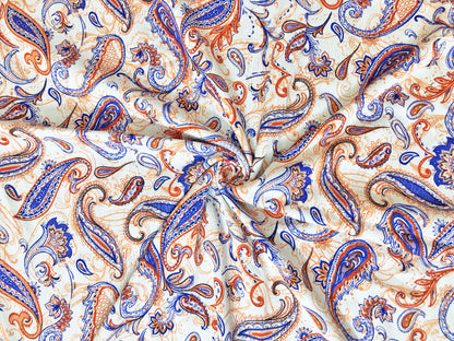 Rayon Gauze Fabric — Royal Blue & Rust Paisley Scrollwork on Ivory — 100% Rayon, 58" Wide, No Stretch — By the Yard (RGZPR018)