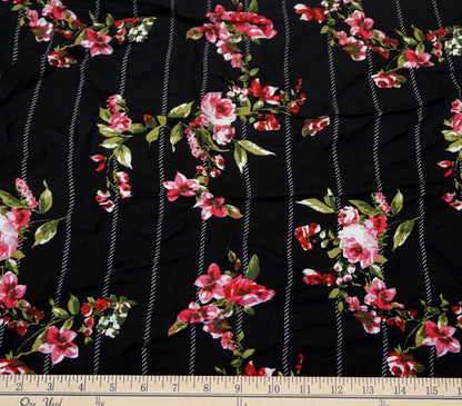 Black Rose Stripe Rayon Challis Fabric — 56″ Wide, No Stretch — Soft, Drapey Apparel by the Yard (RCHPR01)