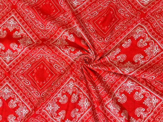 Rayon Challis Printed Fabric |Red White Bandana |RCHPR025|Sold by the Yard