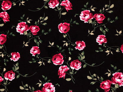 Liverpool Knit Fabric – Black/Red Rose Bouquet – 4 Way Stretch, 58” Wide, 200 GSM, By the Yard (LVPR364)