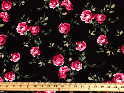 Liverpool Knit Fabric – Black/Red Rose Bouquet – 4 Way Stretch, 58” Wide, 200 GSM, By the Yard (LVPR364)