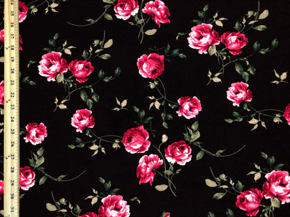 Liverpool Knit Fabric – Black/Red Rose Bouquet – 4 Way Stretch, 58” Wide, 200 GSM, By the Yard (LVPR364)