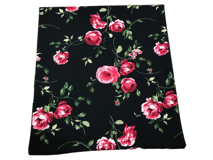 Liverpool Knit Fabric – Black/Red Rose Bouquet – 4 Way Stretch, 58” Wide, 200 GSM, By the Yard (LVPR364)