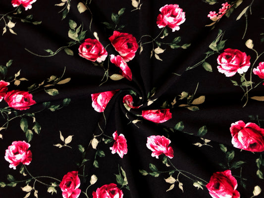 Liverpool Knit Fabric – Black/Red Rose Bouquet – 4 Way Stretch, 58” Wide, 200 GSM, By the Yard (LVPR364)