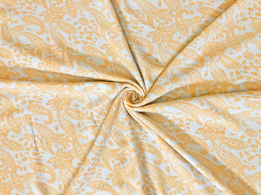 Rayon Crepe Printed Fabric| White Orange Paisleys|RCPPR01| Sold by the Yard