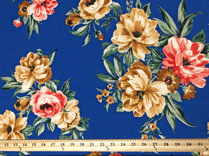 Royal Blue Brown Beige Red Pink Flowers Techno Crepe Print Fabric