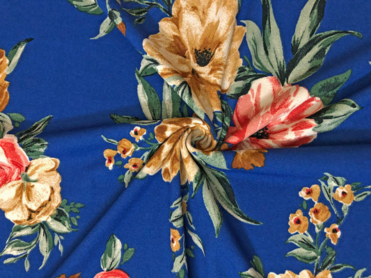 Royal Blue Brown Beige Red Pink Flowers Techno Crepe Print Fabric