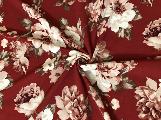 Techno Crepe Printed Fabric-Burgundy Mauve Rust Flowers-TCRP063-Sold by the Yard