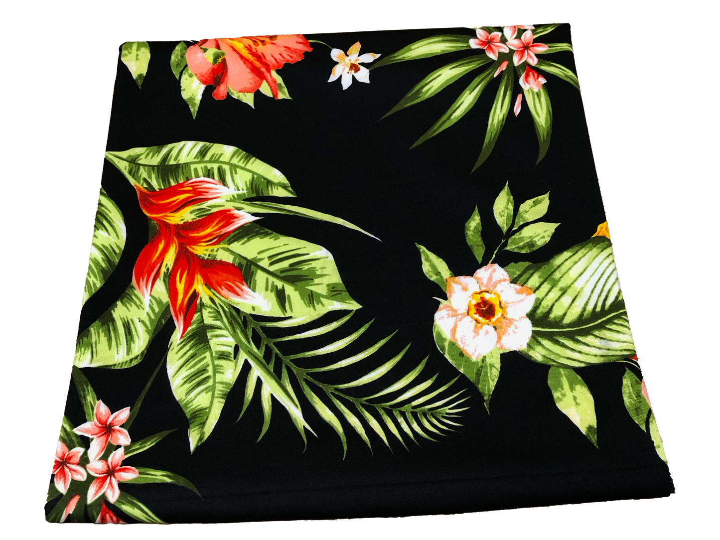 Scuba Techno Knit – Black/Coral/Red Tropical Hibiscus Floral | 4-Way Stretch, 56″ Wide, 220 GSM – By the Yard (SCTPR024)