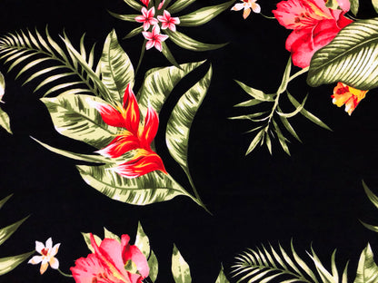 Scuba Techno Knit – Black/Coral/Red Tropical Hibiscus Floral | 4-Way Stretch, 56″ Wide, 220 GSM – By the Yard (SCTPR024)