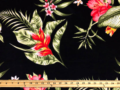 Scuba Techno Knit – Black/Coral/Red Tropical Hibiscus Floral | 4-Way Stretch, 56″ Wide, 220 GSM – By the Yard (SCTPR024)