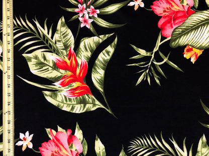 Scuba Techno Knit – Black/Coral/Red Tropical Hibiscus Floral | 4-Way Stretch, 56″ Wide, 220 GSM – By the Yard (SCTPR024)