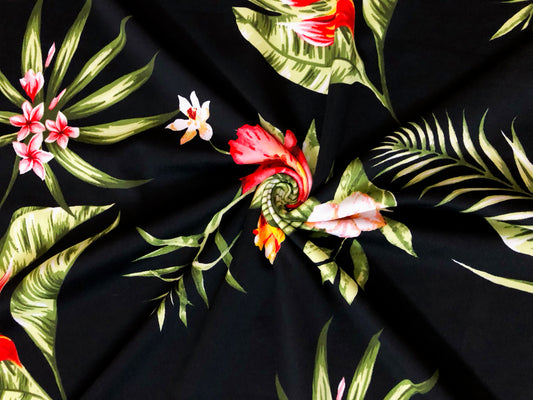 Scuba Techno Knit – Black/Coral/Red Tropical Hibiscus Floral | 4-Way Stretch, 56″ Wide, 220 GSM – By the Yard (SCTPR024)