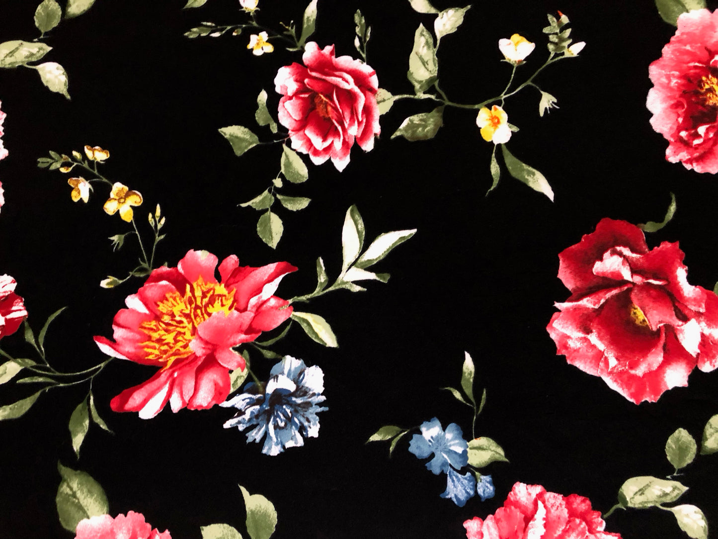 Scuba Techno Knit – Black/Red Rose Garden Floral | 4-Way Stretch, 56″ Wide, 220 GSM – By the Yard (SCTPR025)
