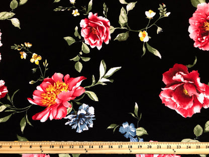 Scuba Techno Knit – Black/Red Rose Garden Floral | 4-Way Stretch, 56″ Wide, 220 GSM – By the Yard (SCTPR025)