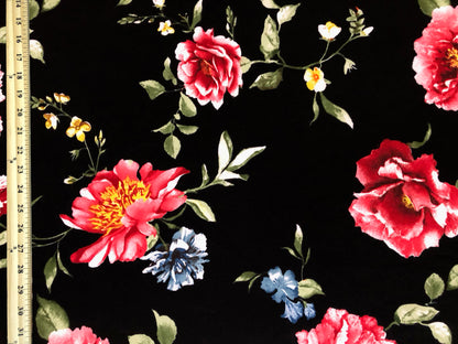 Scuba Techno Knit – Black/Red Rose Garden Floral | 4-Way Stretch, 56″ Wide, 220 GSM – By the Yard (SCTPR025)