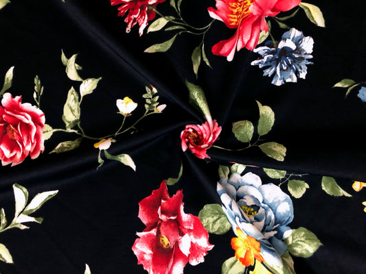 Scuba Techno Knit – Black/Red Rose Garden Floral | 4-Way Stretch, 56″ Wide, 220 GSM – By the Yard (SCTPR025)