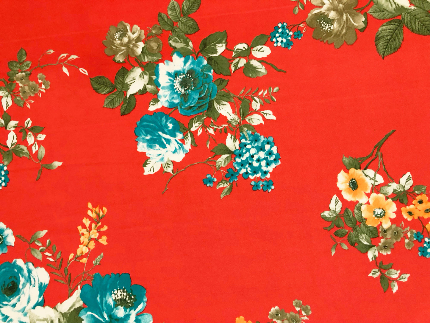Scuba Techno Knit Fabric – Orange/Blue Floral Bouquet | 4-Way Stretch, 56″ Wide, 220 GSM – By the Yard (SCTPR026)