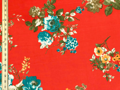 Scuba Techno Knit Fabric – Orange/Blue Floral Bouquet | 4-Way Stretch, 56″ Wide, 220 GSM – By the Yard (SCTPR026)