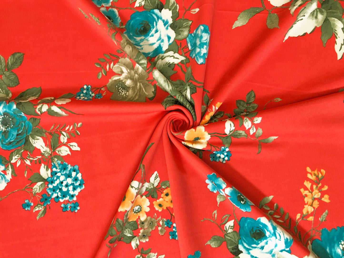 Scuba Techno Knit Fabric – Orange/Blue Floral Bouquet | 4-Way Stretch, 56″ Wide, 220 GSM – By the Yard (SCTPR026)