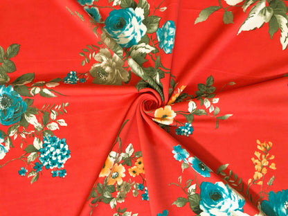 Scuba Techno Knit Fabric – Orange/Blue Floral Bouquet | 4-Way Stretch, 56″ Wide, 220 GSM – By the Yard (SCTPR026)