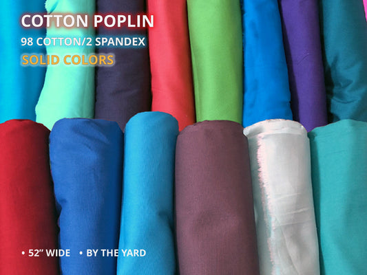 Tailor-Grade Cotton Poplin – Solid Colors | 98% Cotton 2% Spandex, 52″ Wide – Sold by the Yard
