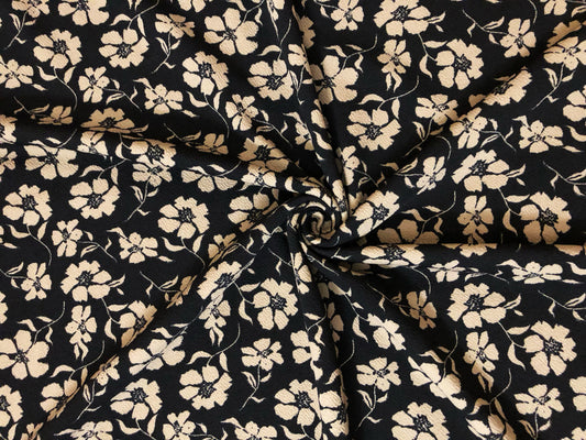 Liverpool Knit Fabric – Black/Taupe Poppy Floral – 4 Way Stretch, 58” Wide, 200 GSM, By the Yard (LVPR366)