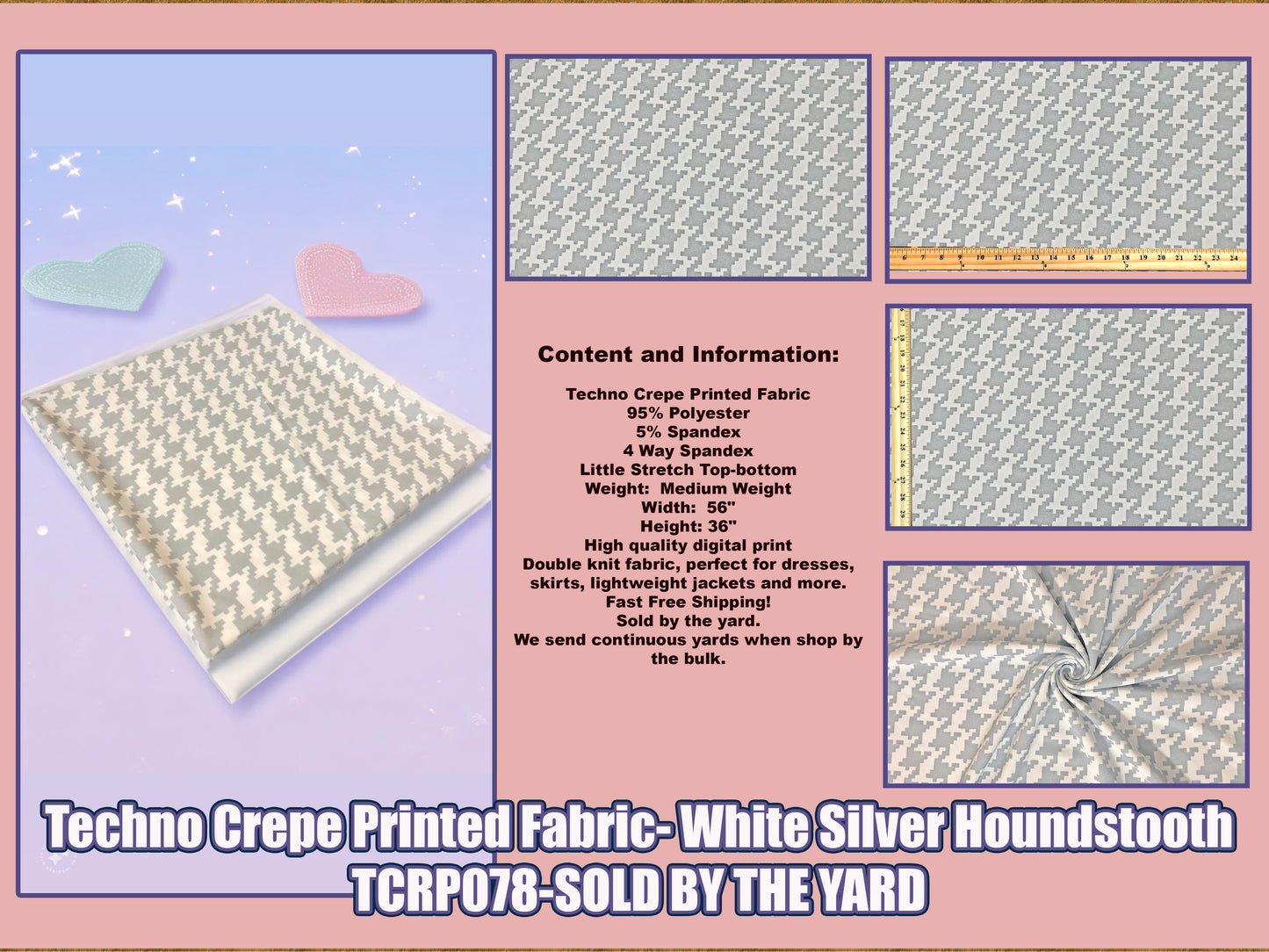 Techno Crepe Printed Fabric-Silver White Houndstooth-TCRP078-Sold by the Yard