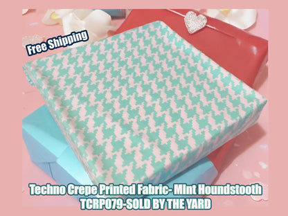 Techno Crepe Printed Fabric-Mint White Houndstooth-TCRP079-Sold by the Yard