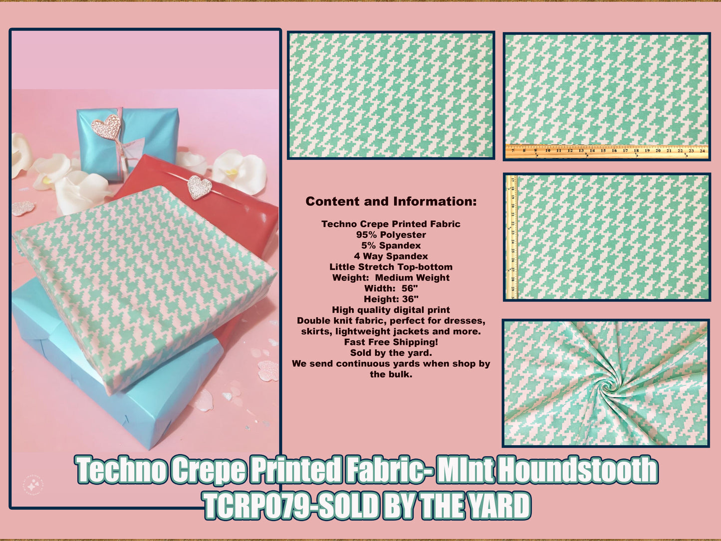 Techno Crepe Printed Fabric-Mint White Houndstooth-TCRP079-Sold by the Yard