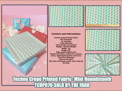 Techno Crepe Printed Fabric-Mint White Houndstooth-TCRP079-Sold by the Yard