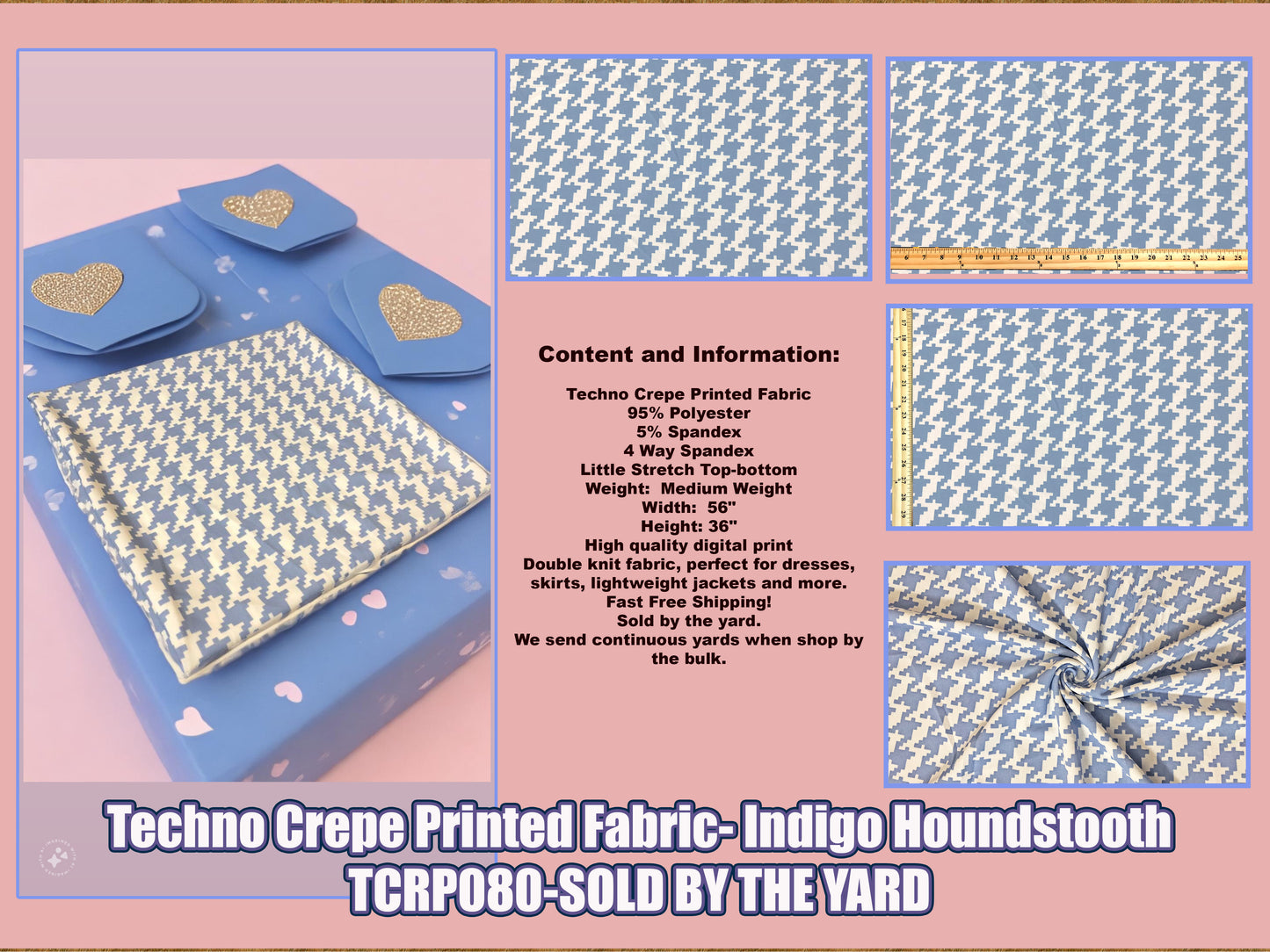 Techno Crepe Printed Fabric-Indigo White Houndstooth-TCRP080-Sold by the Yard