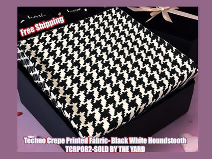 Techno Crepe Printed Fabric-Black White Houndstooth-TCRP082-Sold by the Yard