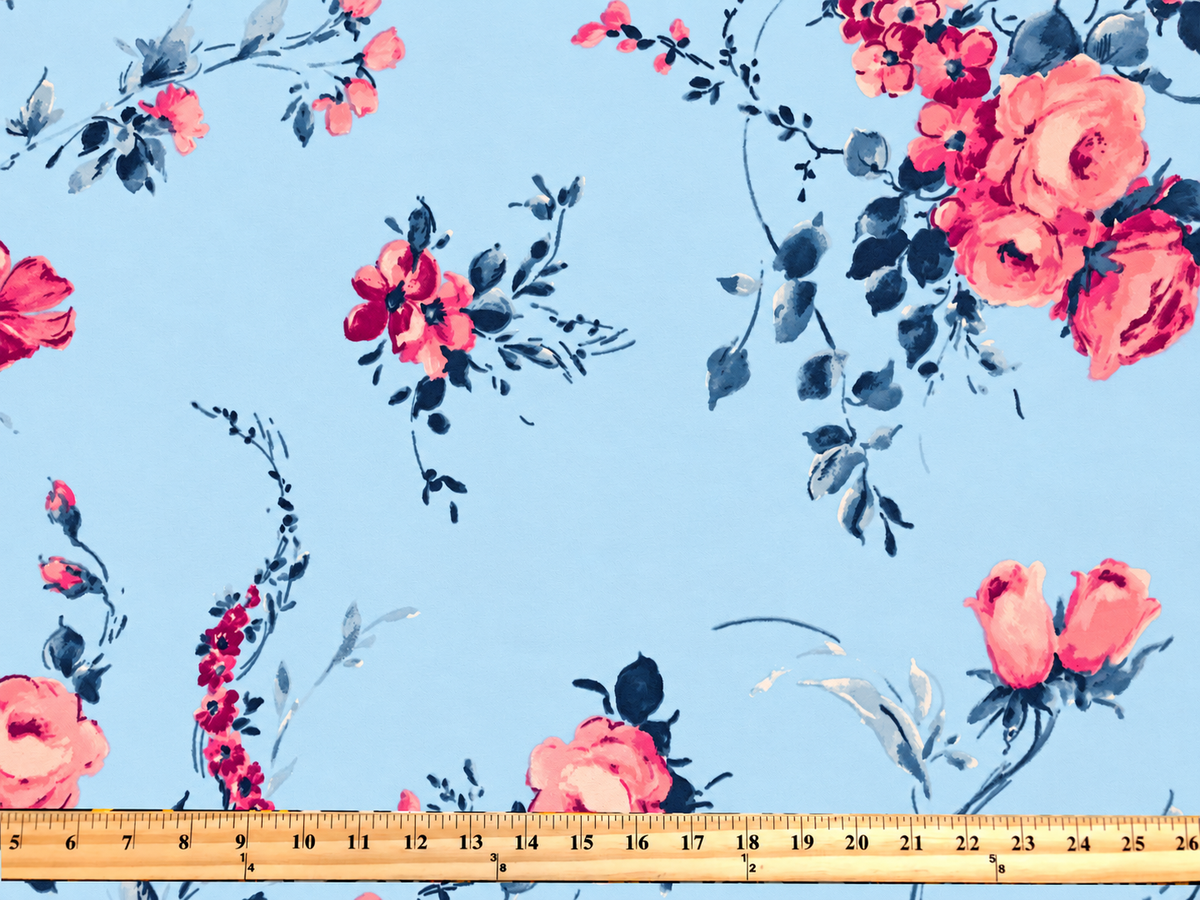 Techno Crepe Knit – Dusty Blue with Pink Roses & Navy Leaves, 4-Way Stretch, 56" Wide, 240 GSM, - By the Yard (TCRP068)
