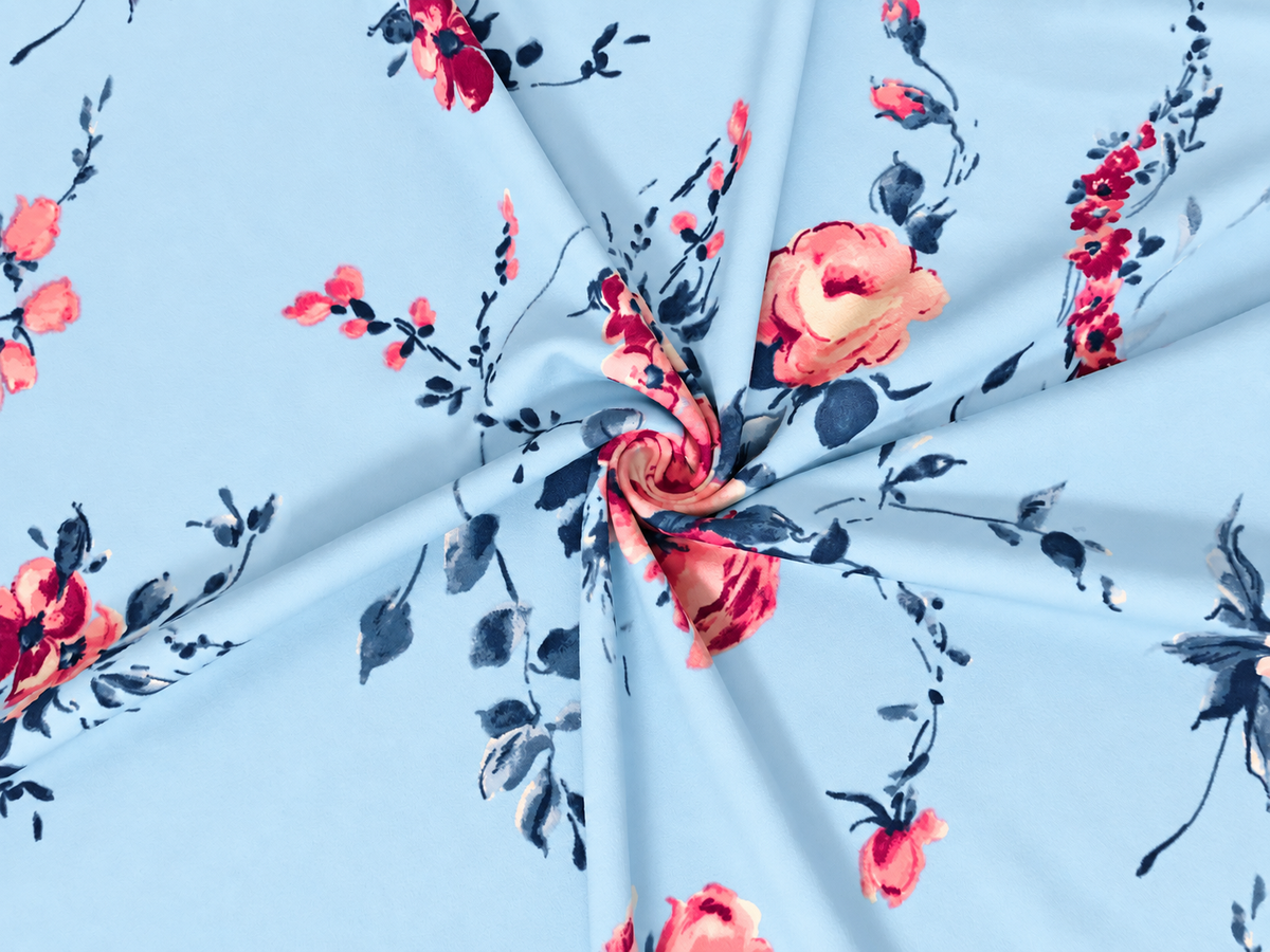 Techno Crepe Knit – Dusty Blue with Pink Roses & Navy Leaves, 4-Way Stretch, 56" Wide, 240 GSM, - By the Yard (TCRP068)