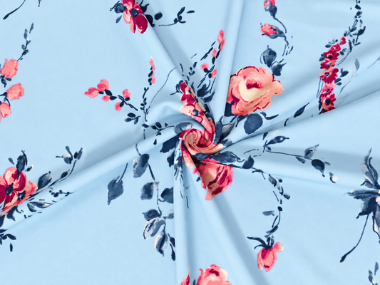 Techno Crepe Knit – Dusty Blue with Pink Roses & Navy Leaves, 4-Way Stretch, 56" Wide, 240 GSM, - By the Yard (TCRP068)