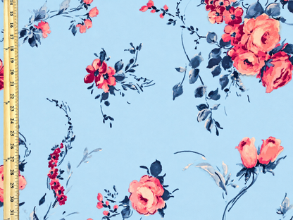 Techno Crepe Knit – Dusty Blue with Pink Roses & Navy Leaves, 4-Way Stretch, 56" Wide, 240 GSM, - By the Yard (TCRP068)
