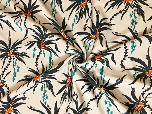 Crepe De Chine (CDC) Printed Fabric-Beige Black Palms-CDCPR001-Sold by the Yard