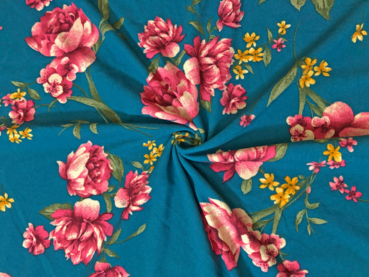 Techno Crepe Printed Fabric-Teal Magenta Flowers-TCRP059-Sold by the Yard