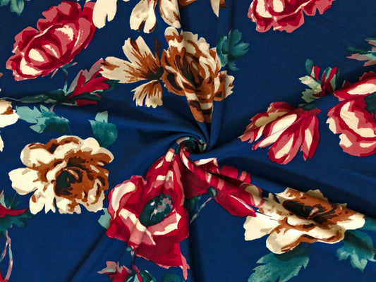 Techno Crepe Printed Fabric-Navy Blue Red Brown Flowers-TCRP043-Sold by the Yard