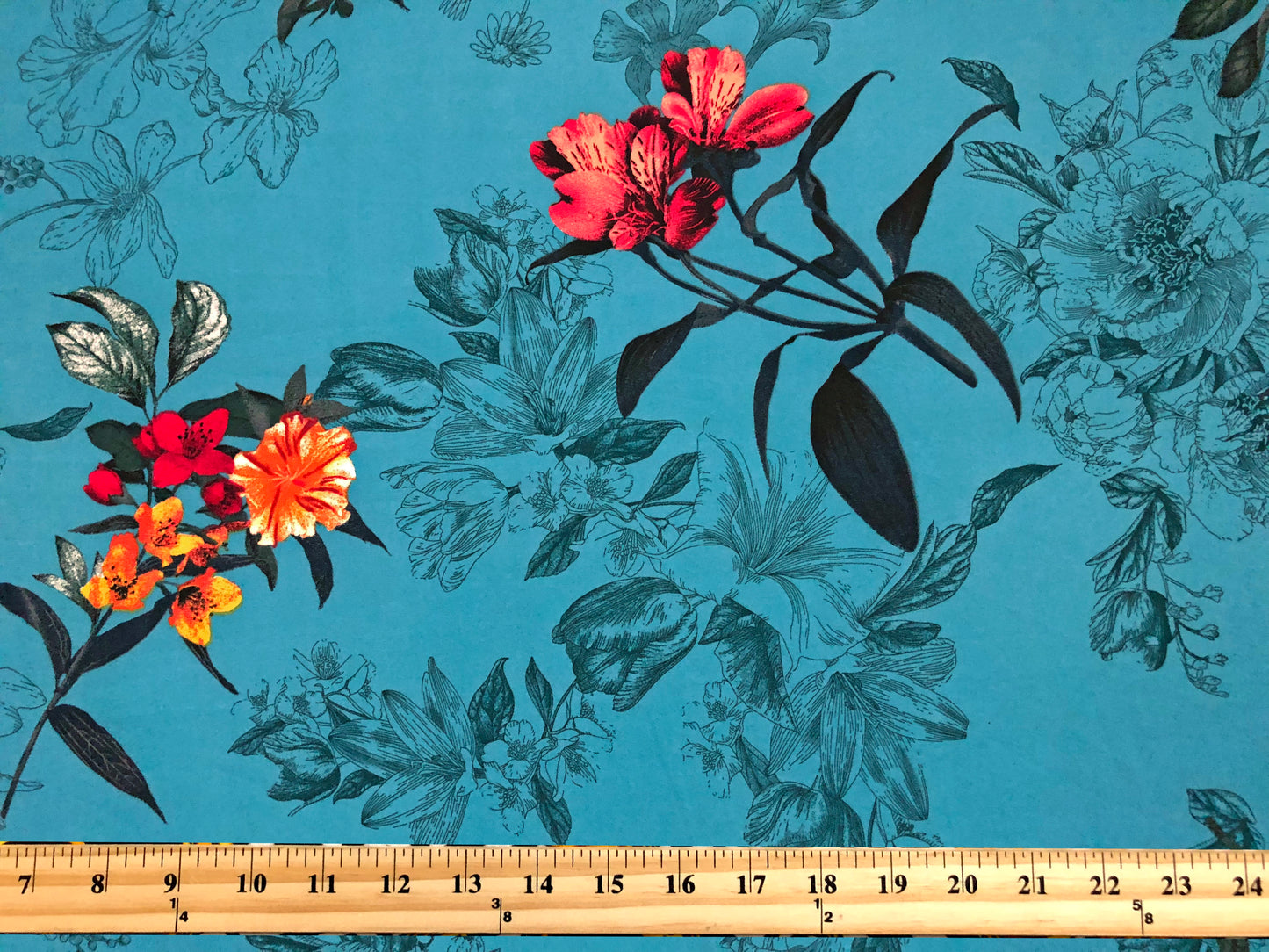 Wool Dobby Printed Fabric-Teal Red Hand Drawn Flowers-WDBPR008-Sold by the Yard