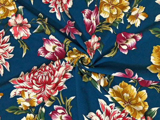 Techno Crepe Printed Fabric| Teal Red Yellow Flowers |TCRP0117 |Sold by the Yard