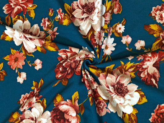 Techno Crepe Printed Fabric-Teal Rust White Flowers-TCRP062-Sold by the Yard