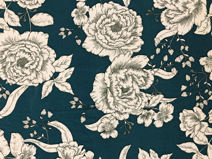 Teal Ivory Hand Draw Flowers Techno Crepe Printed Fabric