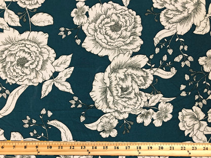 Teal Ivory Hand Draw Flowers Techno Crepe Printed Fabric