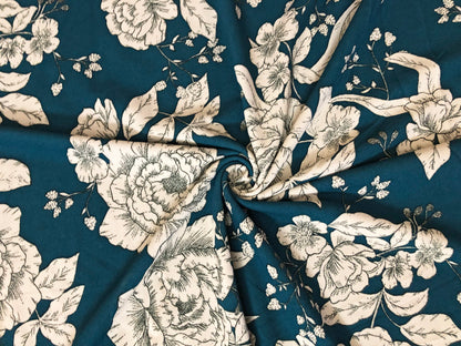 Teal Ivory Hand Draw Flowers Techno Crepe Printed Fabric