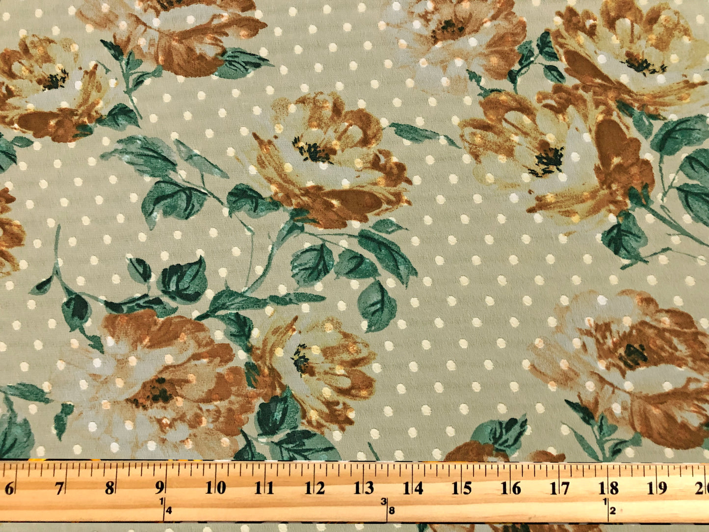 Chiffon Swiss Dot Printed Fabric-Vanilla Brown Green 4 1/2" Flowers-CFPR006-Sold by the Yard