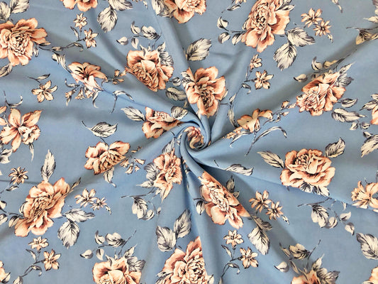 Wool Peach Fabric – Bluebell Blush Rose Scatter – 100% Polyester, No Stretch, 58" Wide – By the Yard (WPPR09)