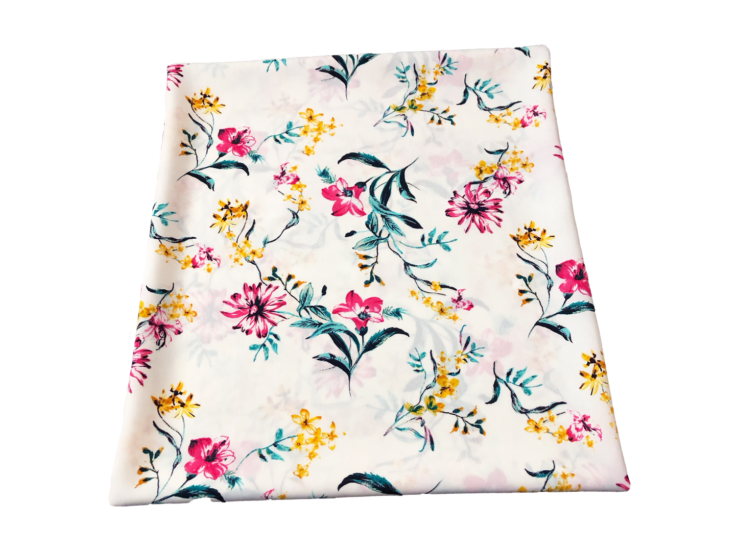 Wool Peach Fabric – Sunlit Wildflower Toss (White/Pink/Yellow/Teal) – 100% Polyester, No Stretch, 56" Wide – By the Yard (WPPR07)